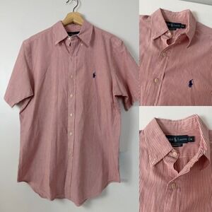 Ralph Lauren Mens Classic Fit Red Stripe Short Sleeve Button Down Shirt‎ Size M